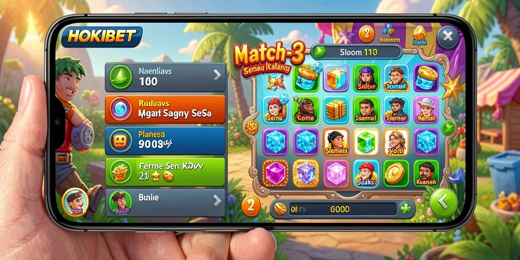 Screenshot gameplay HOKIBET dengan tampilan papan Match-3 yang menarik.