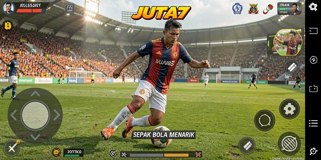 Screenshot gameplay JUTA7 menampilkan aksi seru di lapangan sepak bola.