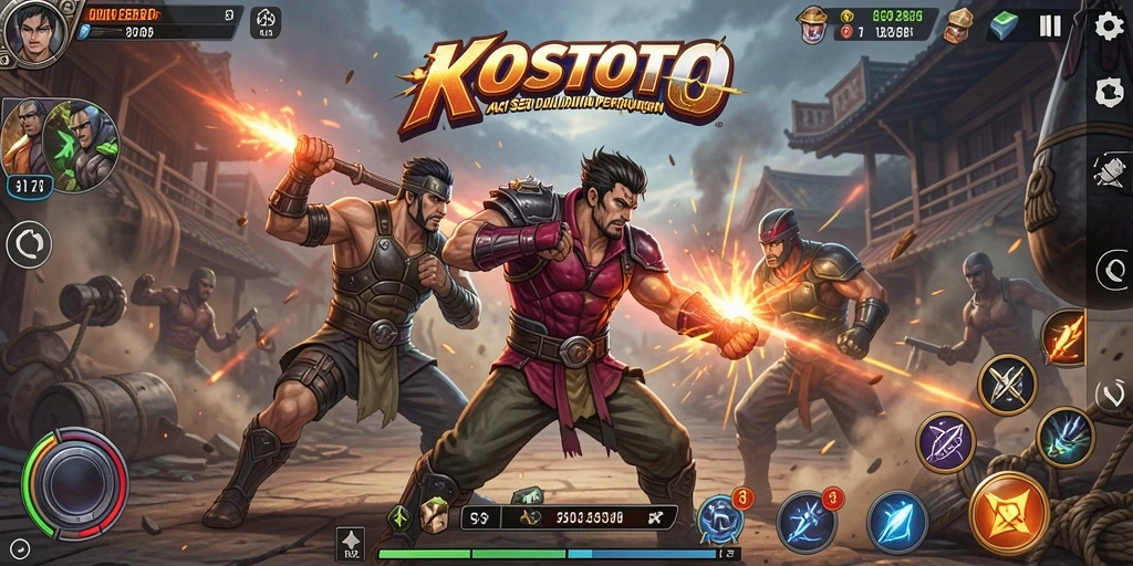 Tampilan gameplay seru dari KOSTOTO yang menampilkan pertarungan dinamis.