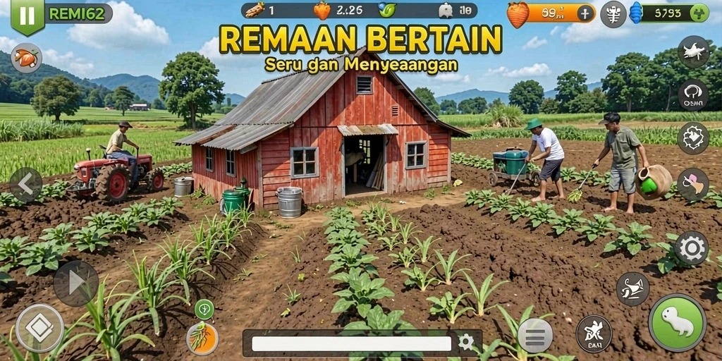 Tampilan gameplay REMI62 yang menampilkan aktivitas pertanian.
