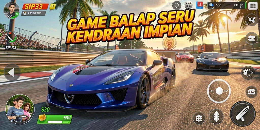 Tampilan gameplay SIP33 dengan mobil balap yang melaju cepat.