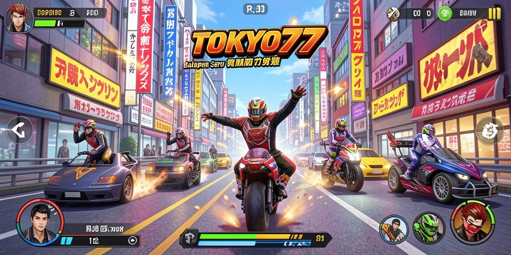 Tampilan gameplay TOKYO77 dengan aksi balapan yang mendebarkan.